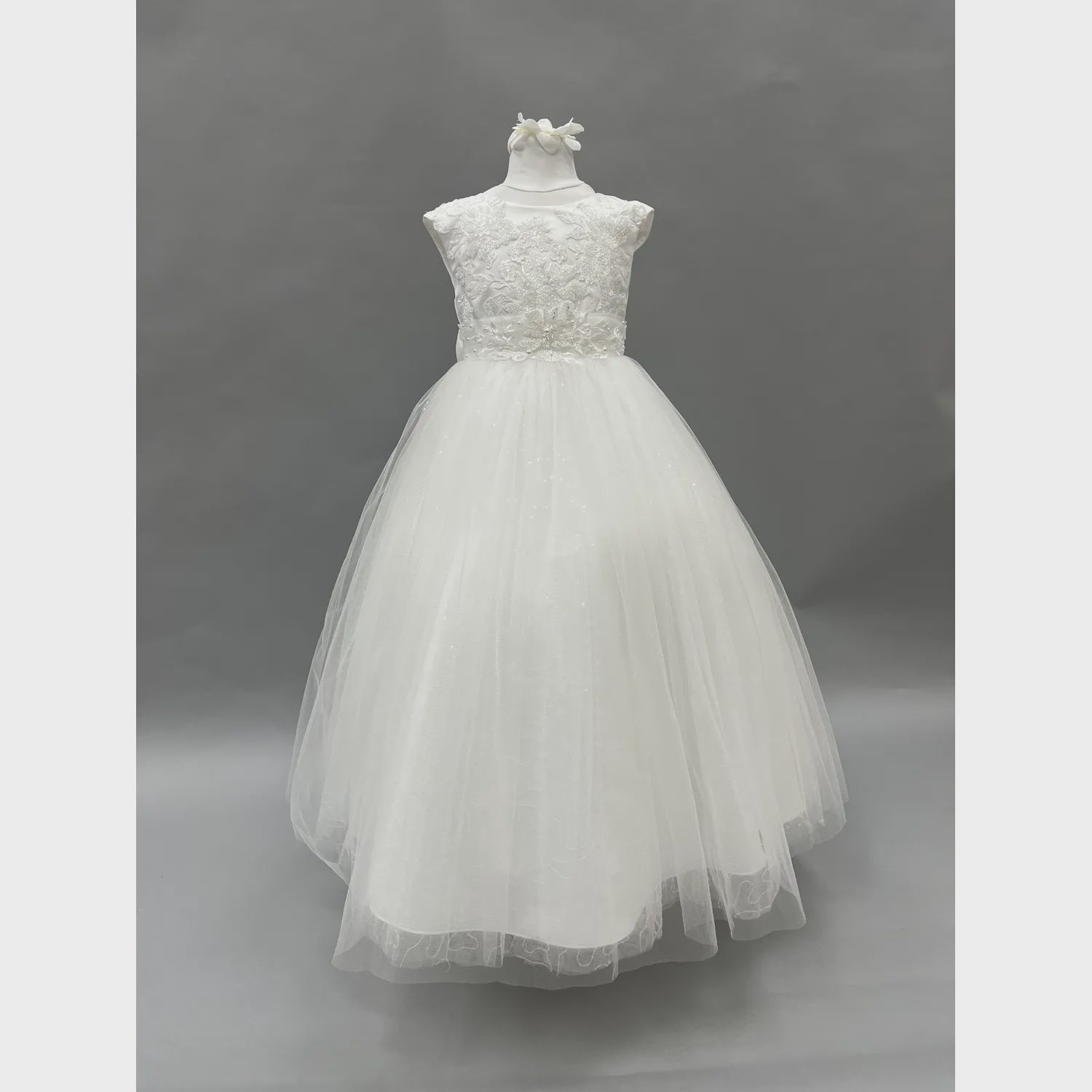GOWN WHITE EMBROIDERED BODICE SPARKLY LAYER TULLE SKIRT / D90286