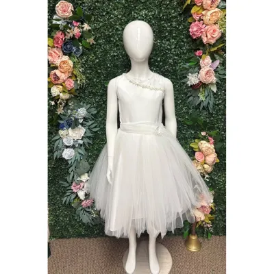DRESS WHITE SATIN & TULLE PEARL TRIM WITH BELT / 2822