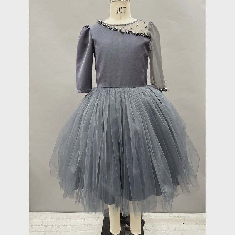 DRESS BELT SMOKE GREY SATIN & TULLE SLEEVES PEARL TRIM / 2822 DRESS BELT SMOKE GREY SATIN & TULLE SLEEVES PEARL TRIM / 2822
