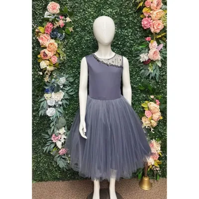 DRESS SMOKE GREY SATIN & TULLE PEARL TRIM / 2822