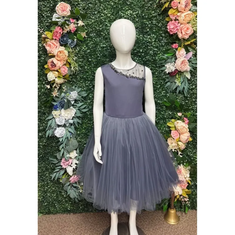 DRESS SMOKE GREY SATIN & TULLE PEARL TRIM / 2822