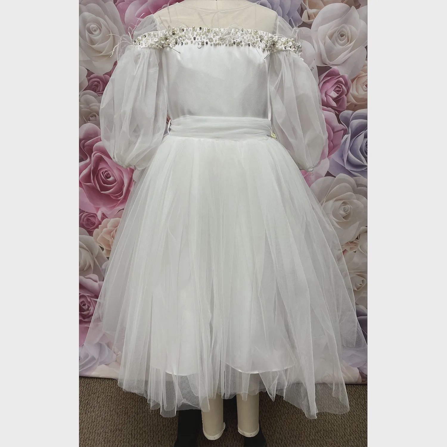 DRESS & BELT CREAM SATIN & TULLE BEADED NECKLINE TULLE SLEEVES / 2908