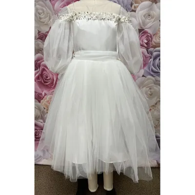 DRESS & BELT CREAM SATIN & TULLE BEADED NECKLINE TULLE SLEEVES / 2908