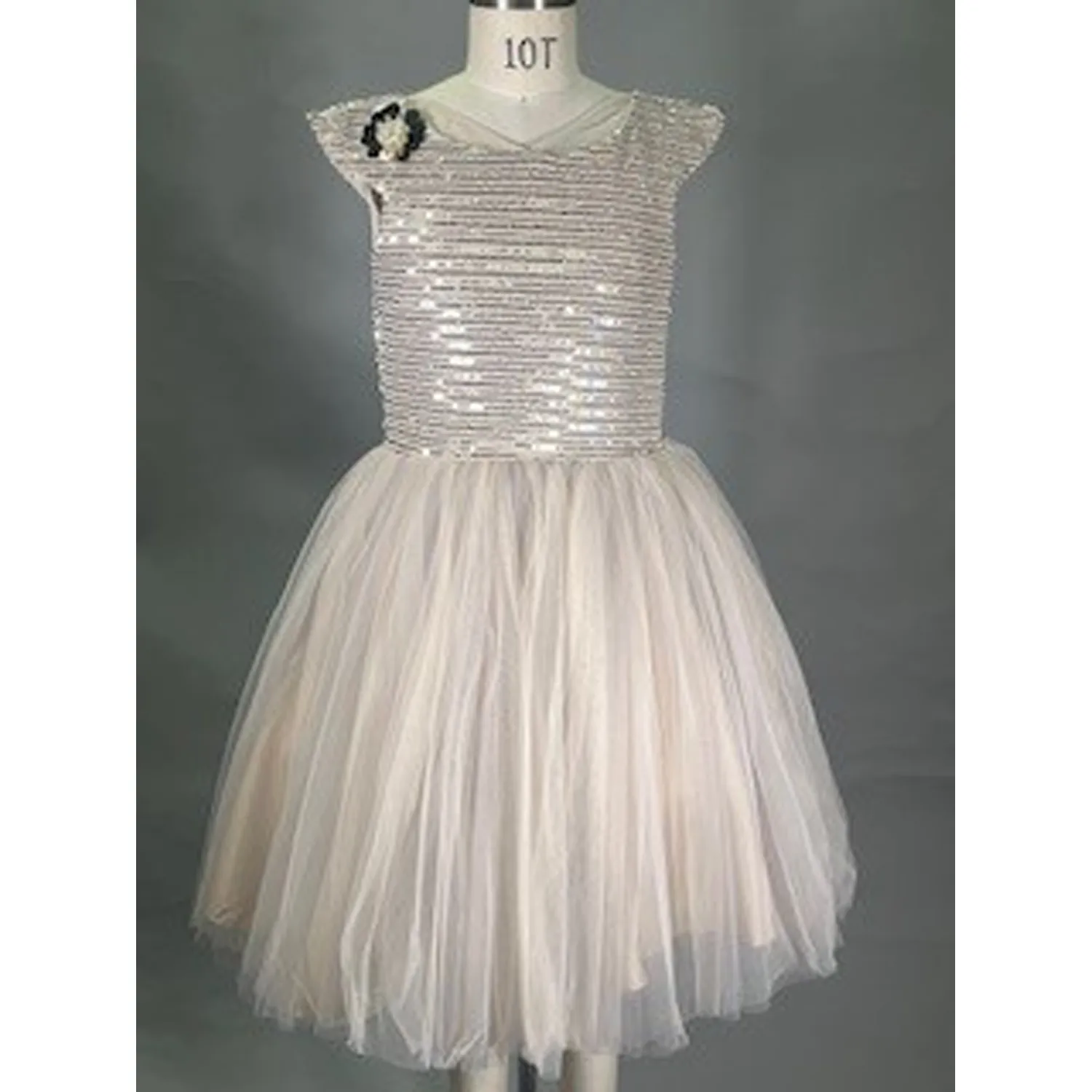 DRESS BEIGE SEQUIN BODICE TULLE SKIRT / 20902