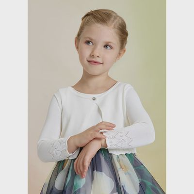 BOLERO CARDIGAN WHITE RHINESTONE BUTTON CROCKET EDGING / 5353-001