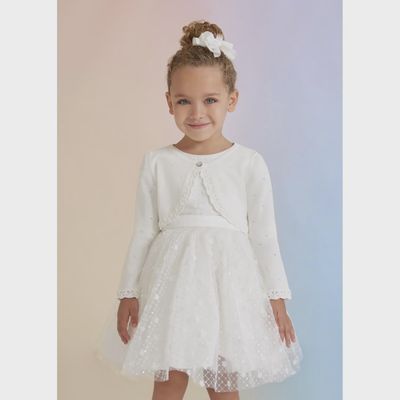 BOLERO CARDIGAN WHITE FLOWER BUTTON CROCHET EDGING / 5351-030