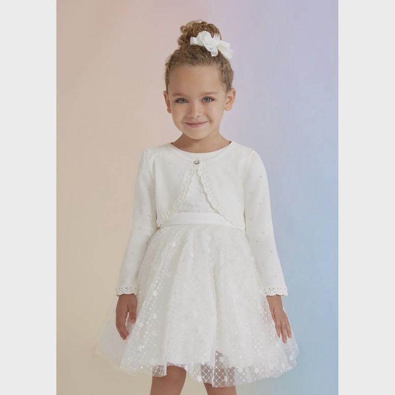 BOLERO CARDIGAN WHITE FLOWER BUTTON CROCHET EDGING / 5351-030