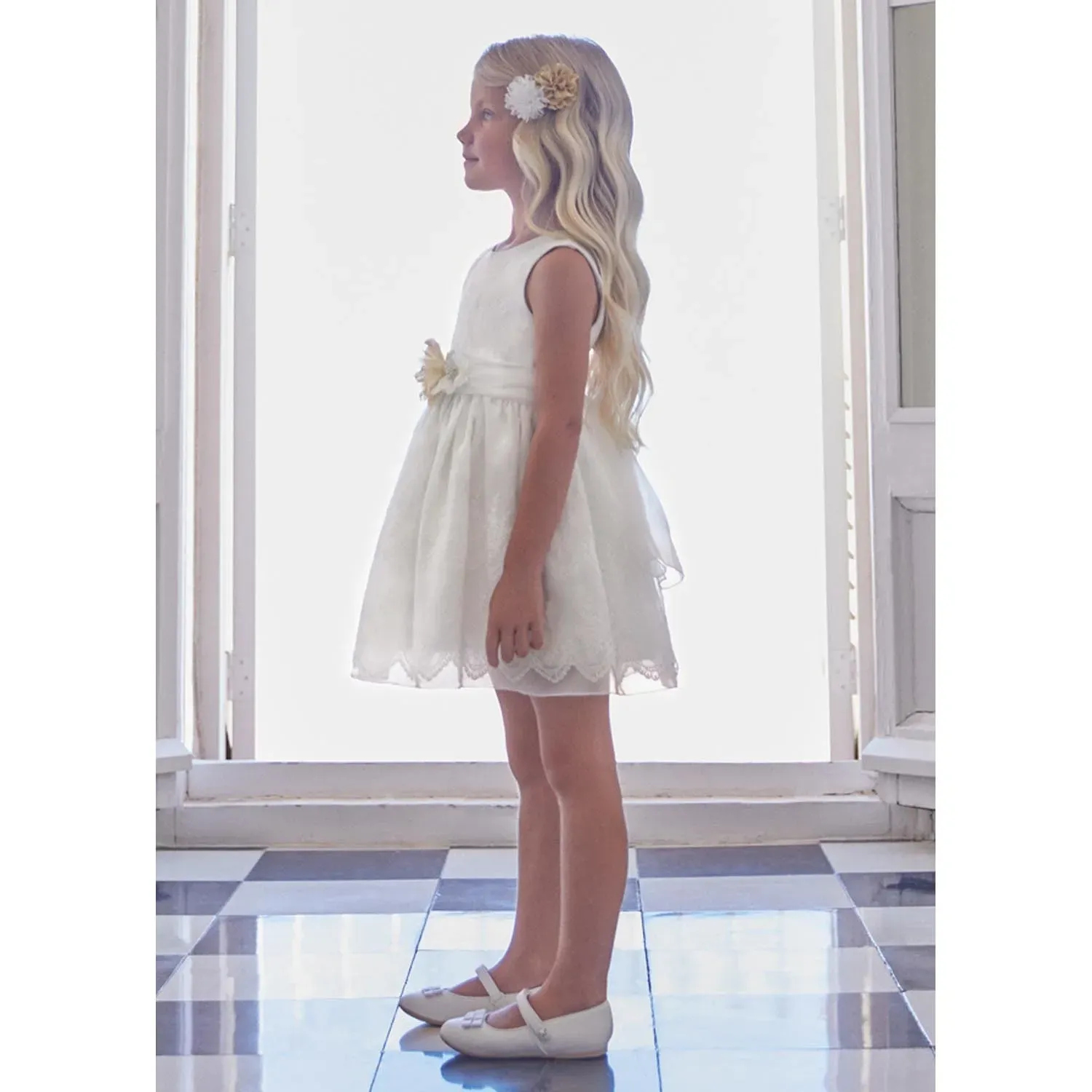 DRESS WHITE EMBROIDERED ORGANZA SLEEVELESS WITH BELT / 5022-096