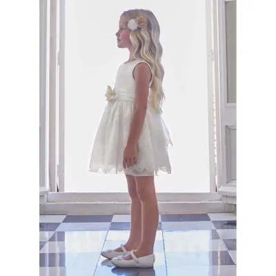 DRESS WHITE EMBROIDERED ORGANZA SLEEVELESS WITH BELT / 5022-096