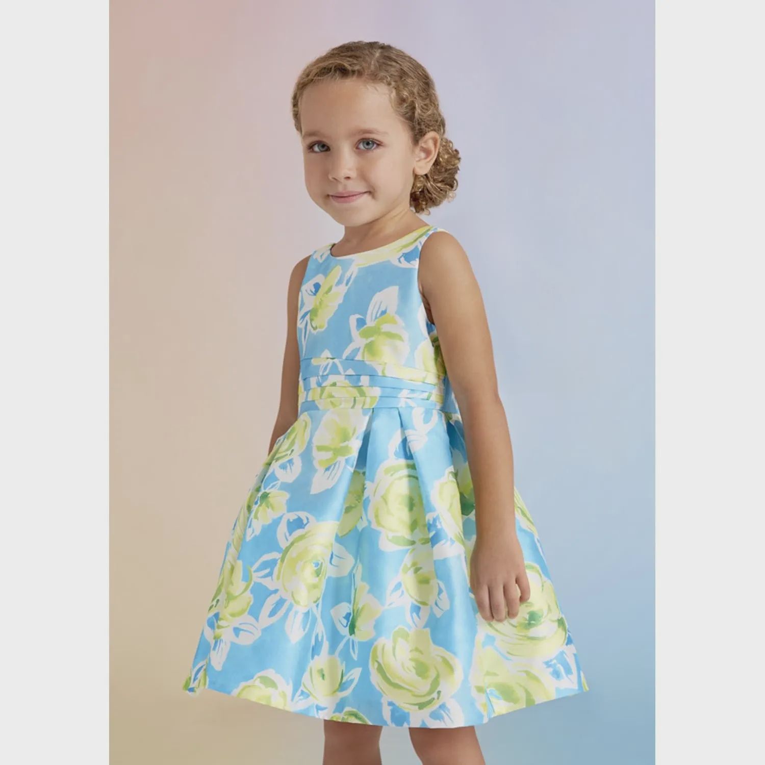 DRESS TURQUOISE & GREEN MIKADO PRINT DRESS PLEATED / 5058-004
