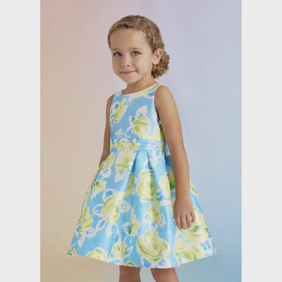 DRESS TURQUOISE & GREEN MIKADO PRINT DRESS PLEATED / 5058-004