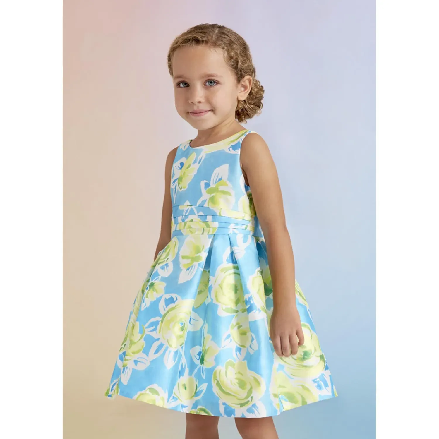 DRESS TURQUOISE & GREEN MIKADO PRINT DRESS PLEATED / 5058-004