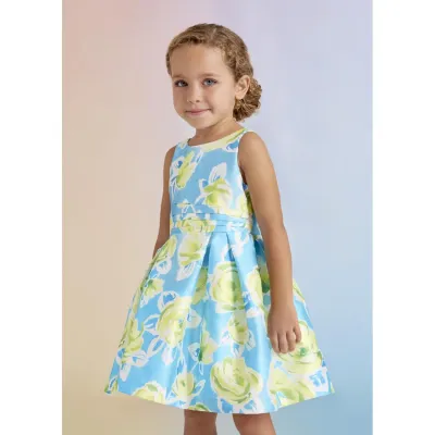 DRESS TURQUOISE & GREEN MIKADO PRINT DRESS PLEATED / 5058-004