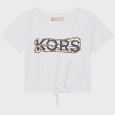 CROP TSHIRT WHITE NAVY LOGO GOLD CHAIN / R15188-10P