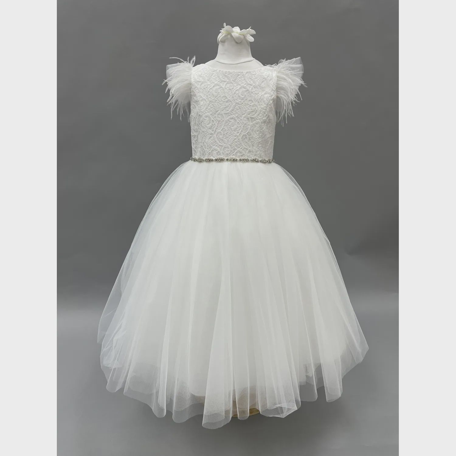 DRESS OFF WHITE LACE BODICE TULLE SKIRT RHINESTONE WAISTBAND FEATHERS / Z3313