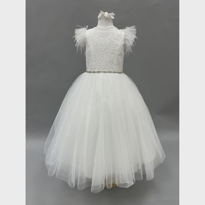 DRESS OFF WHITE LACE BODICE TULLE SKIRT RHINESTONE WAISTBAND FEATHERS / Z3313