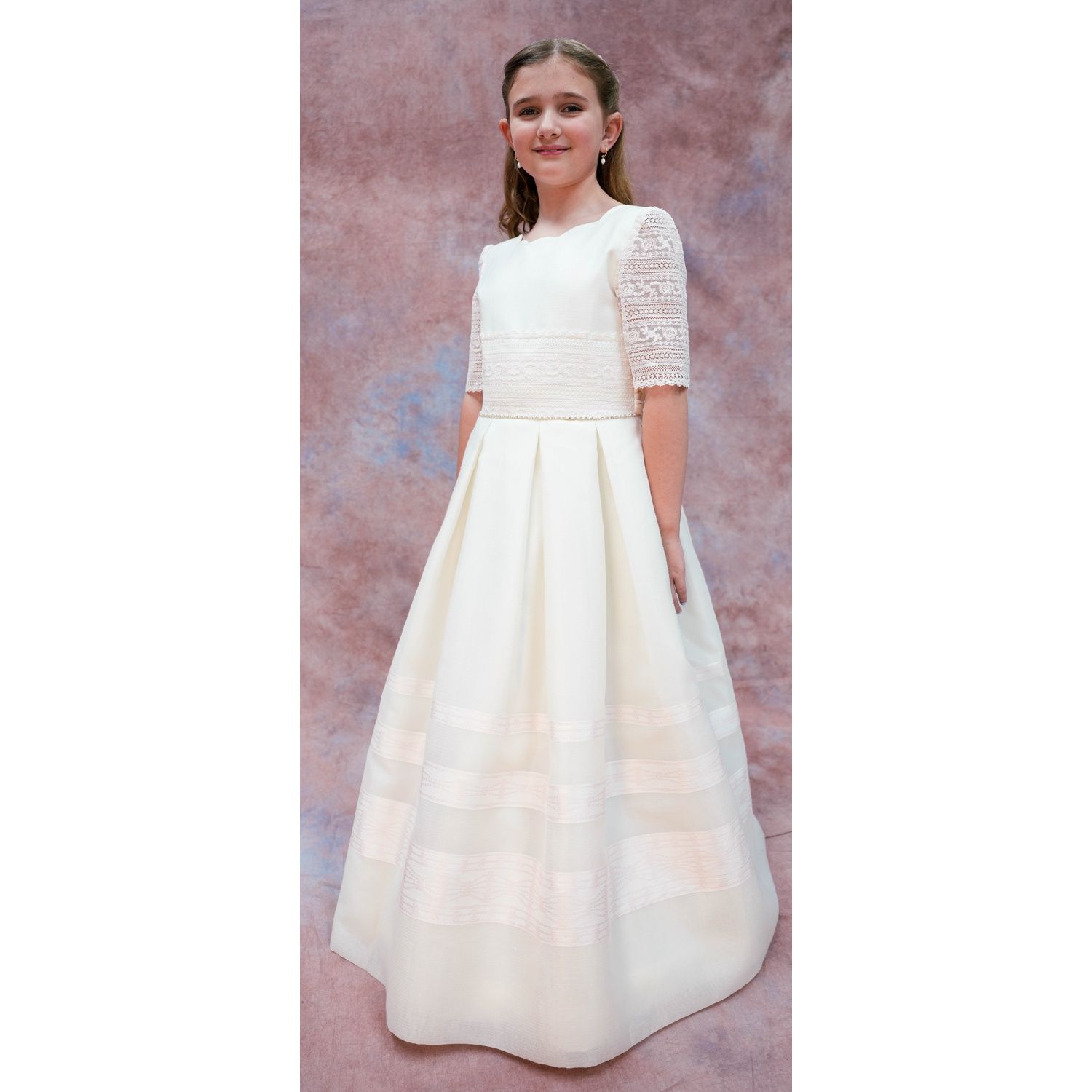 GOWN OFF WHITE PINK LACE SLEEVE & WAISTTRIM / 6413-22