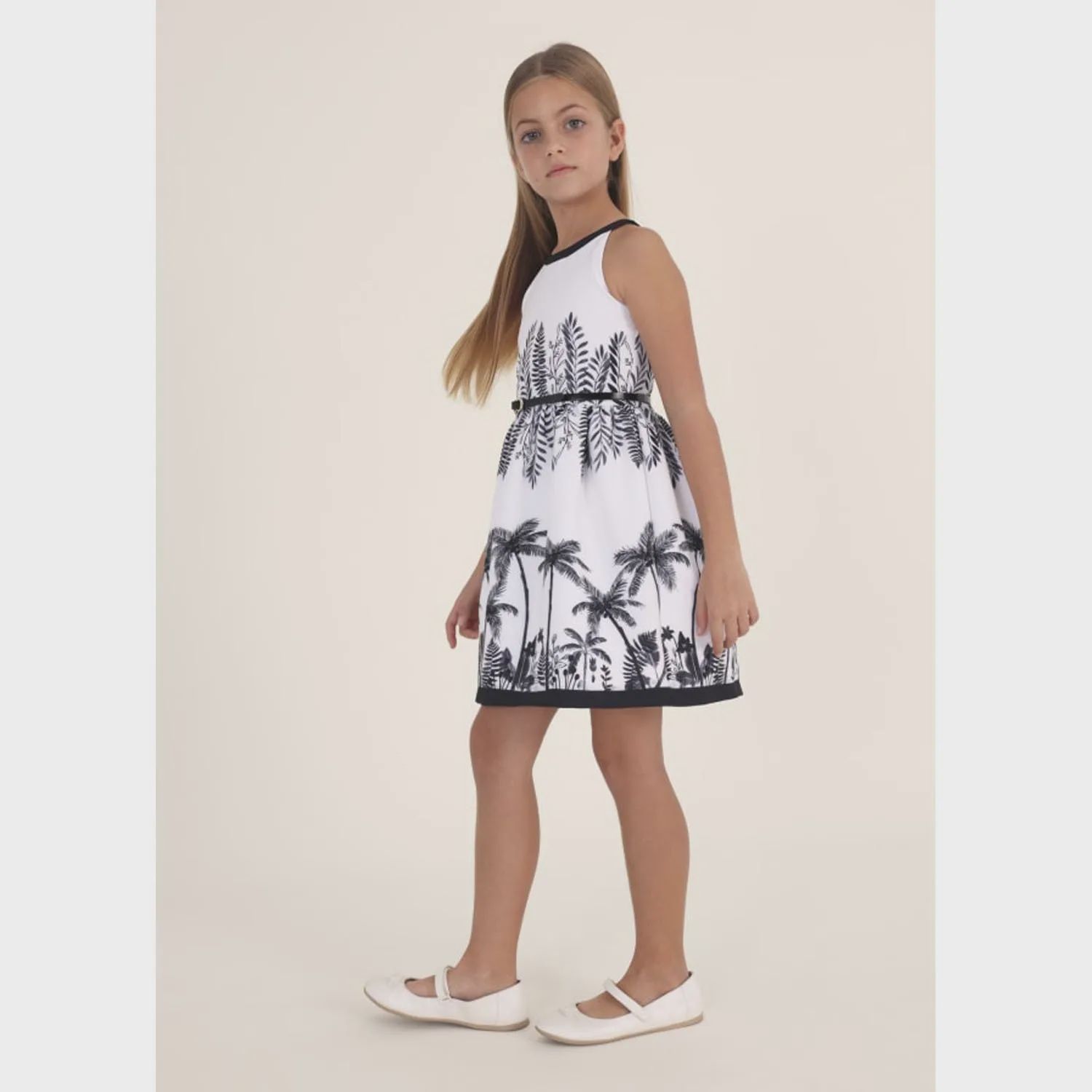 DRESS WHITE & BLACK PALM TREES PRINT WITH BELT / 6909-001