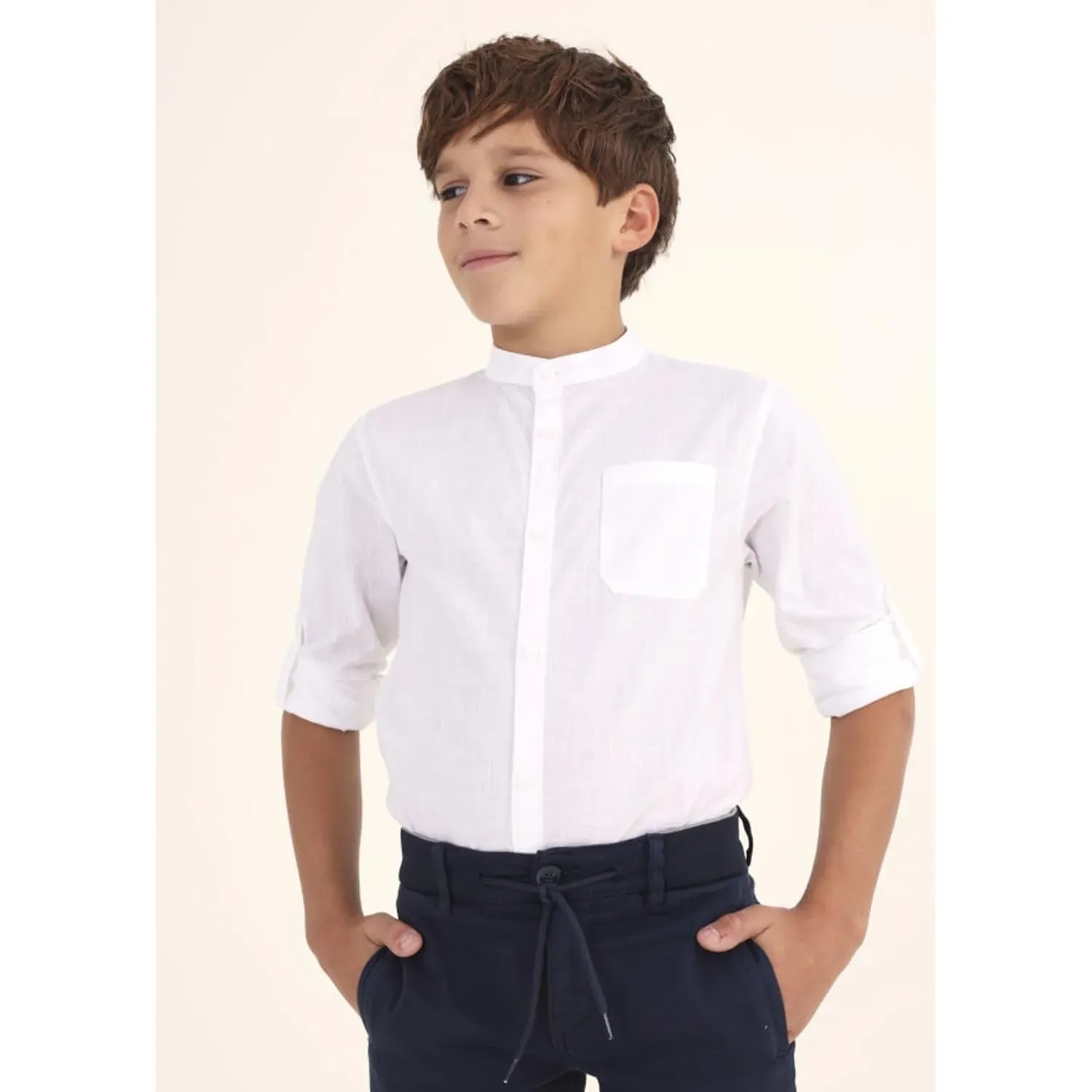 SHIRT WHITE PULLUP LONG SLEEVE MAO COLLAR / 6115-077