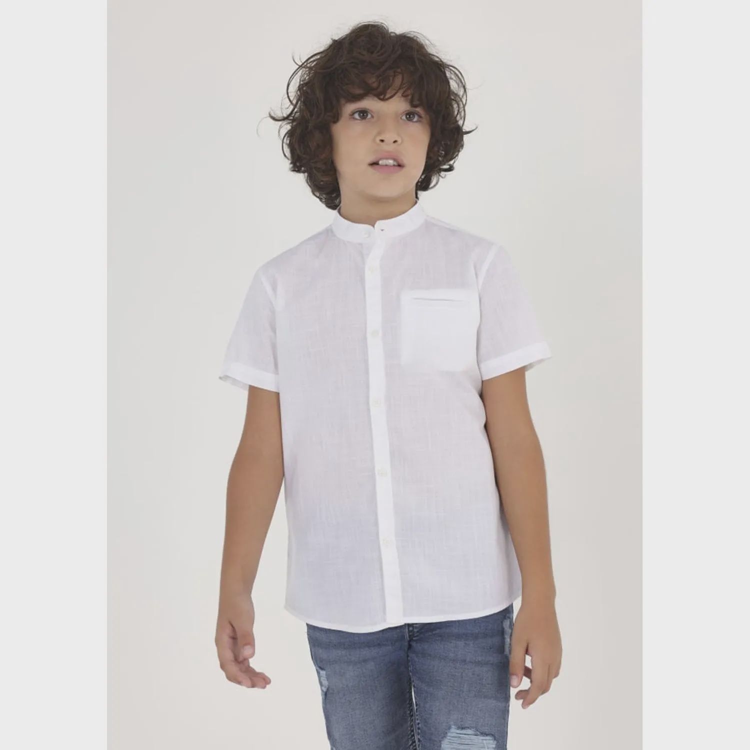 SHIRT WHITE MAO COLLAR SHORT SLEEVE / 6113-072