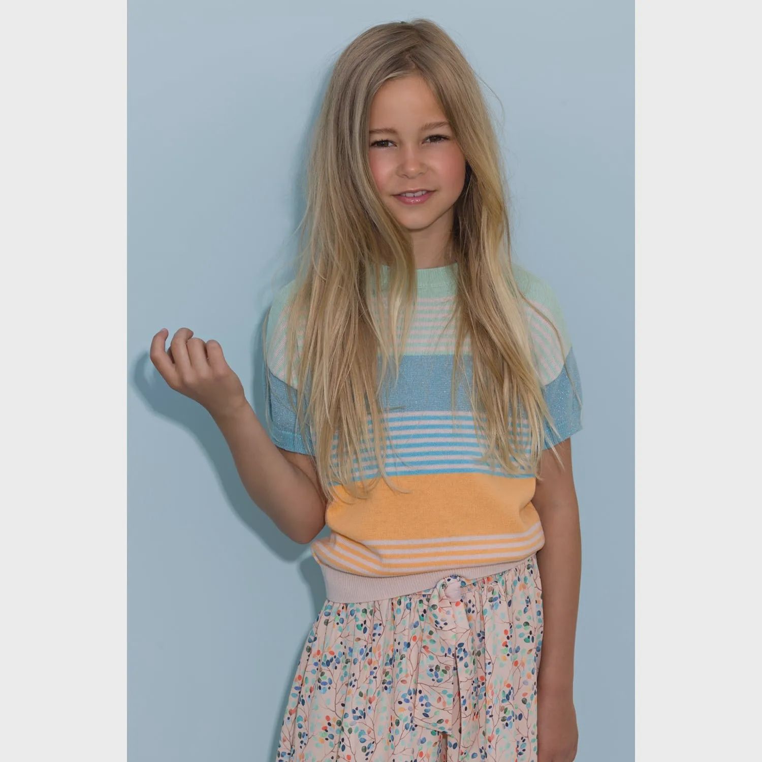 KNIT SWEATER BLUE ORANGE STRIPE SHORT SLEEVE / N302-5309-332