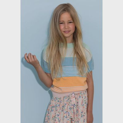 KNIT SWEATER BLUE ORANGE STRIPE SHORT SLEEVE / N302-5309-332