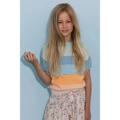 KNIT SWEATER BLUE ORANGE STRIPE SHORT SLEEVE / N302-5309-332