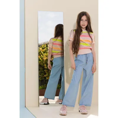 KNIT SWEATER MULTI COLORED STRIPES PINK SHORT SLEEVE / N302-5310-254