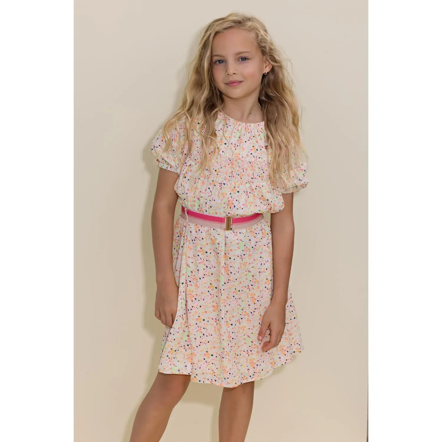 DRESS & BELT MULTI COLORED PRINT SMOCKING TRIM / N302-5809-333