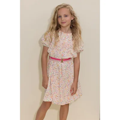 DRESS & BELT MULTI COLORED PRINT SMOCKING TRIM / N302-5809-333