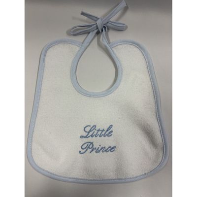 WHITE TERRY BIB LITTLE PRINCE EMBRODERY BLUE EDGE TRIM