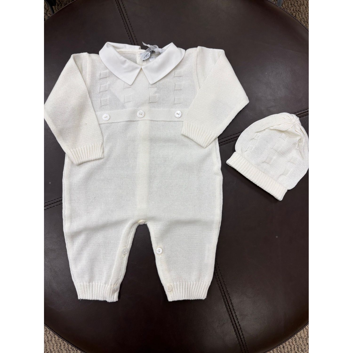 2PC ROMPER & HAT IVORY COTTON SQUARE PRINT / 730