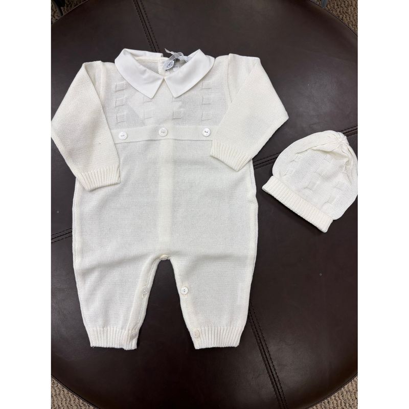 2PC ROMPER & HAT IVORY COTTON SQUARE PRINT / 730