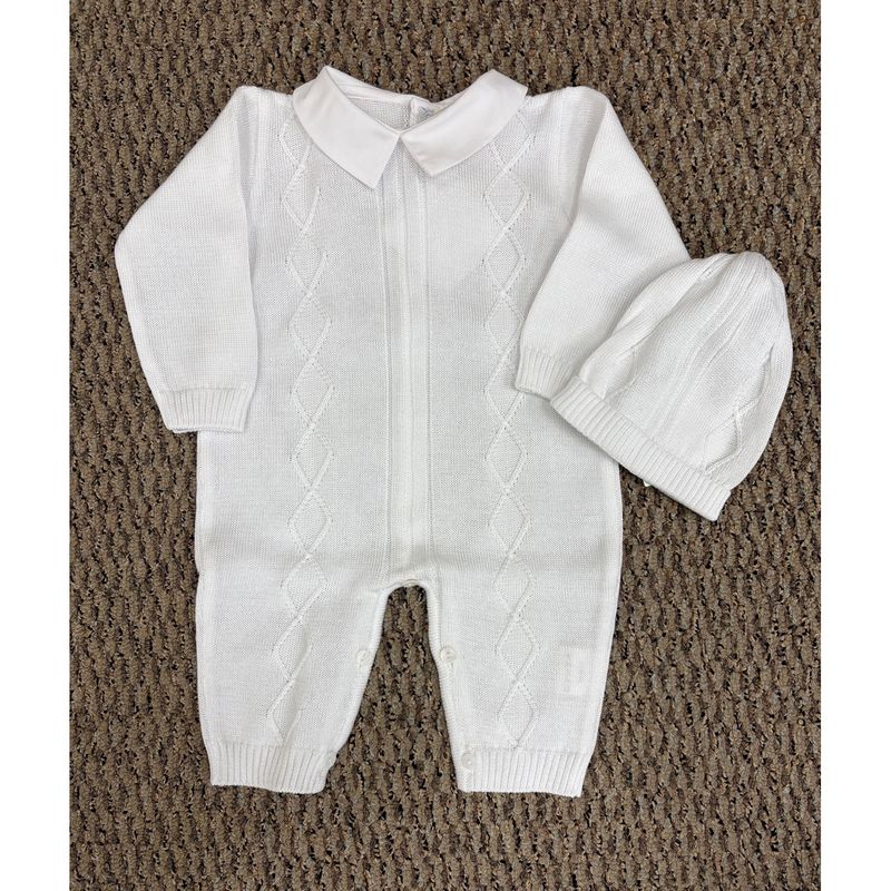 2 PC ROMPER & HAT WHITE DAIMOND PRINT COTTON / 2203