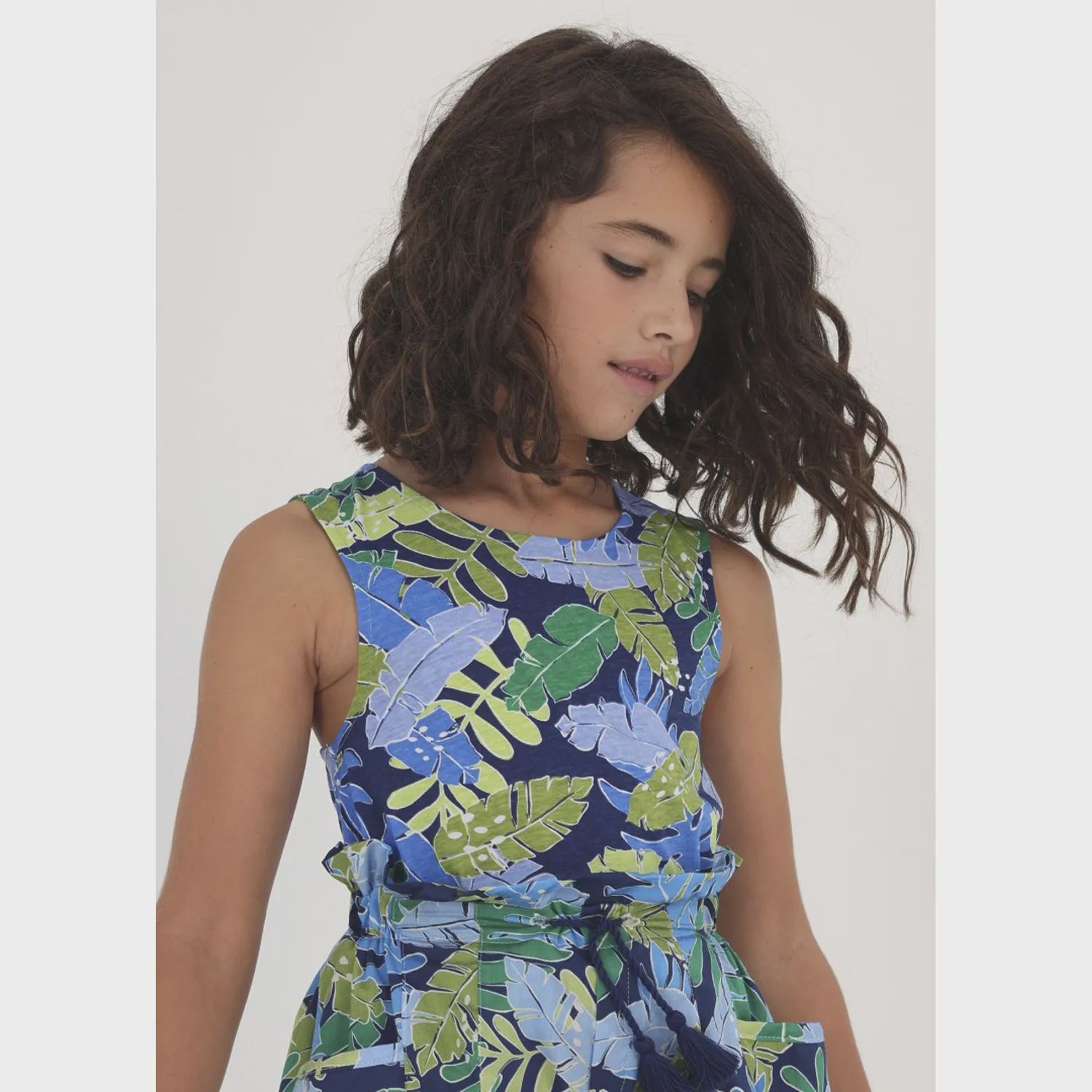 TANK TOP NAVY & GREEN & BLUE LEAVES PRINT / 6061-054