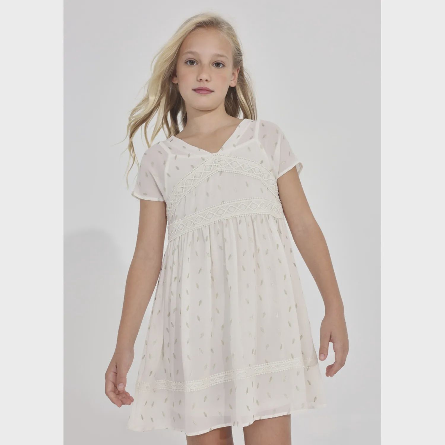 2PC DRESS & SLIP CREAM GOLD LEAF PRINT ORGANZA LACE TRIM / 6920-042