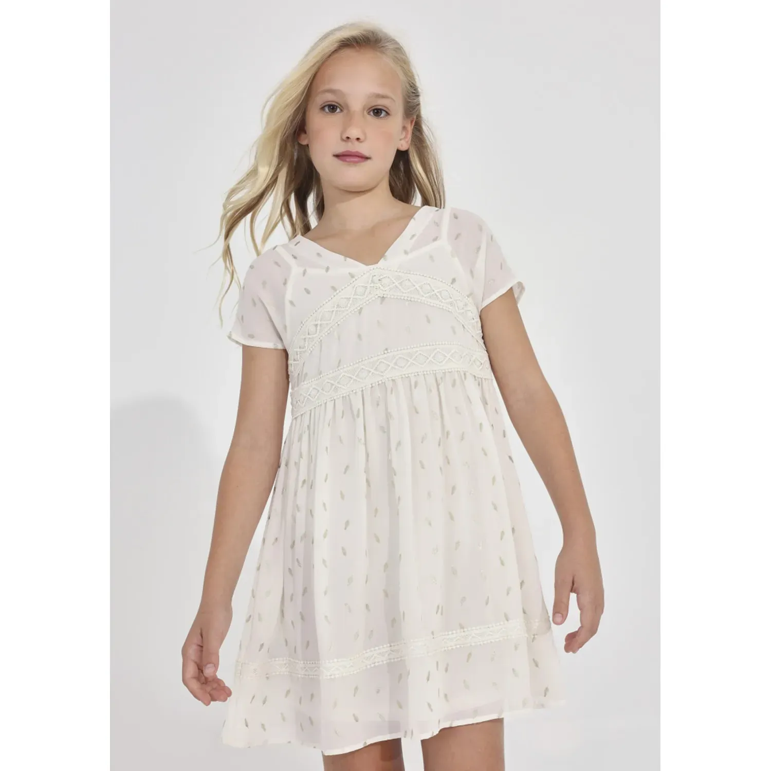 2PC DRESS & SLIP CREAM GOLD LEAF PRINT ORGANZA LACE TRIM / 6920-042