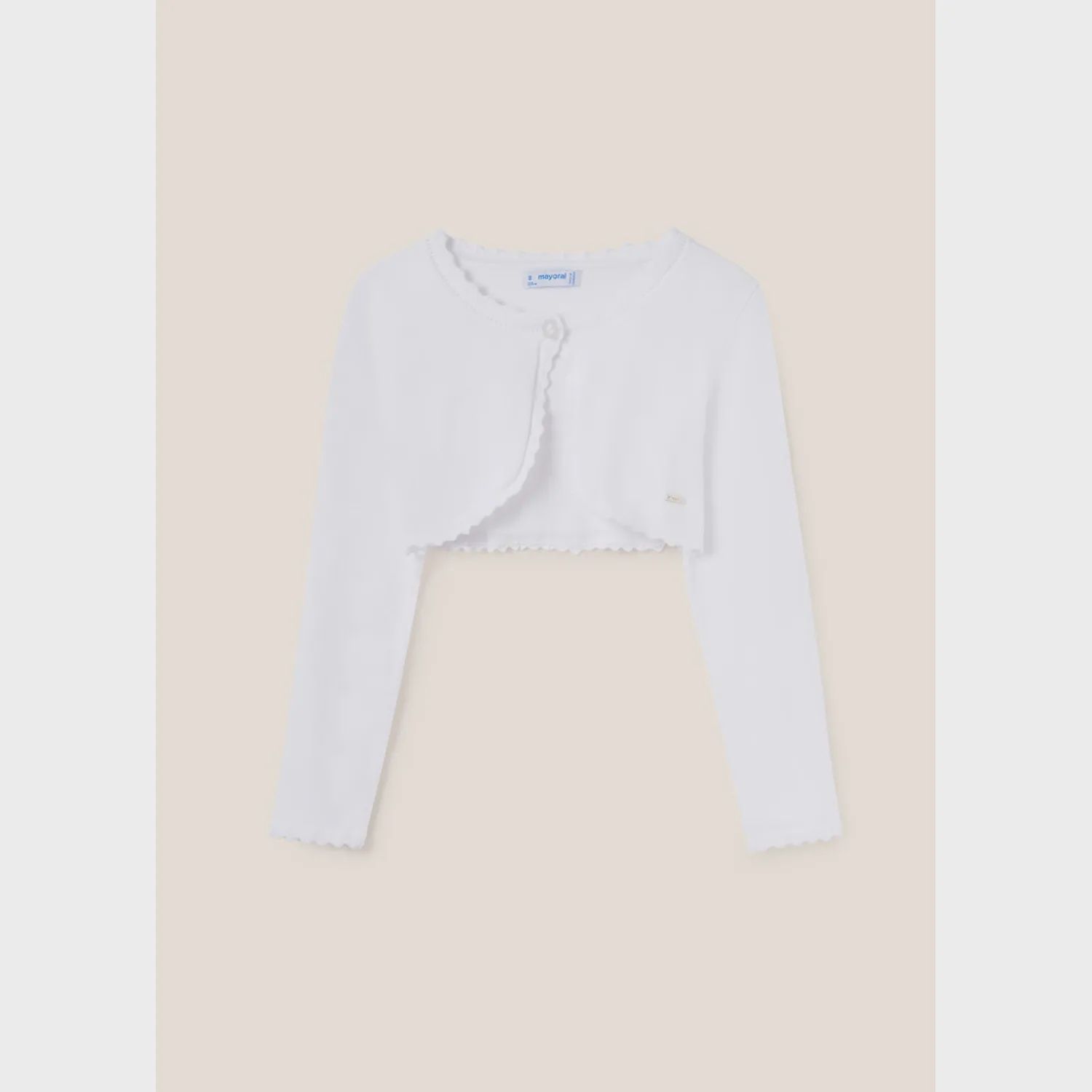 BOLERO CARDIGAN WHITE SCALLOPED EDGING 1 BUTTON CLOSURE / 332-095