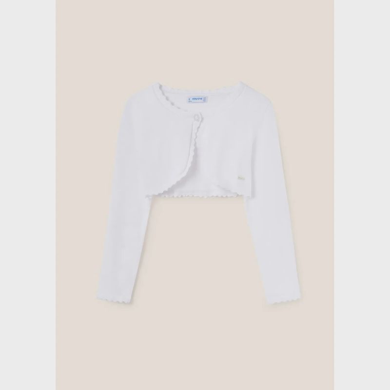 BOLERO CARDIGAN WHITE SCALLOPED EDGING 1 BUTTON CLOSURE / 332-095