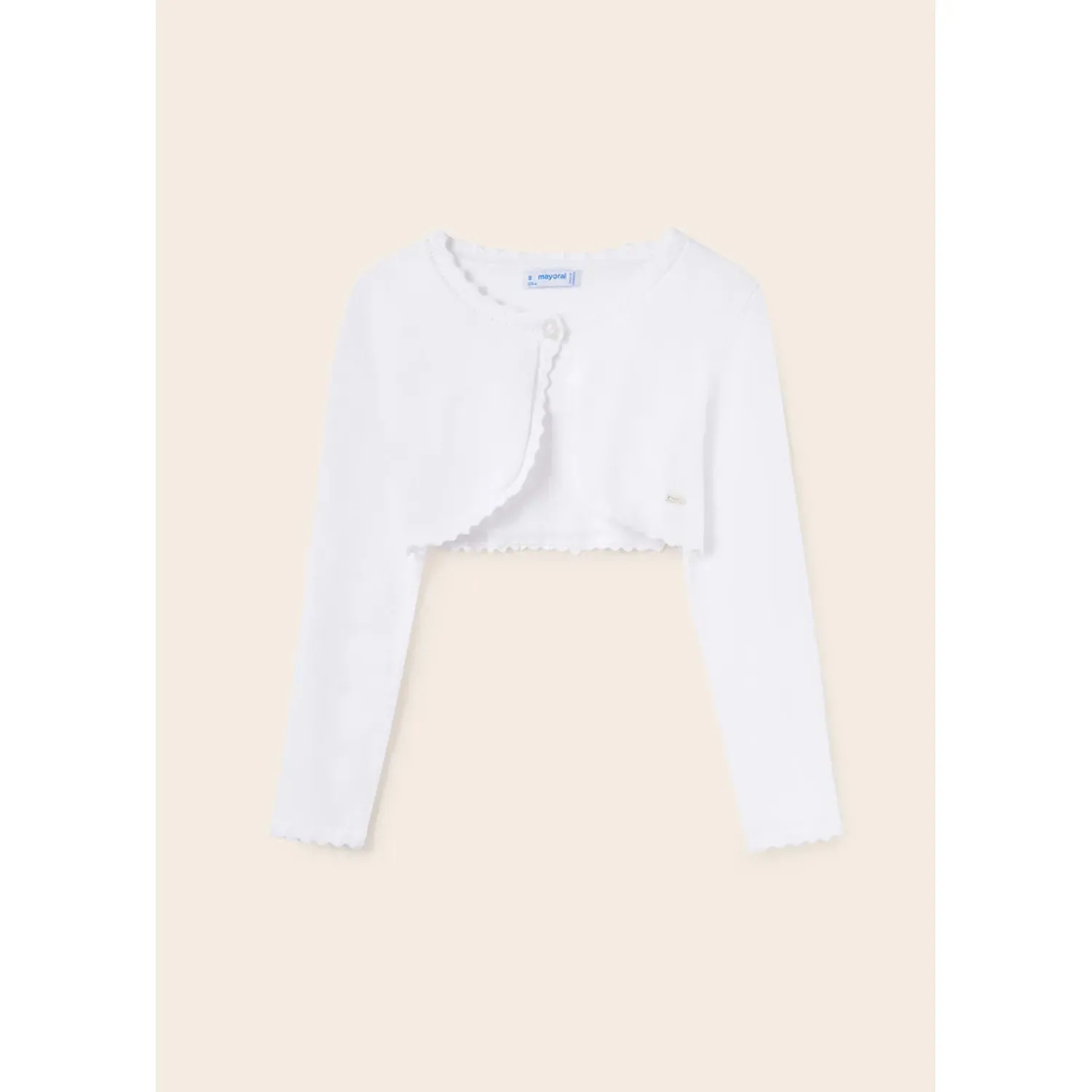 BOLERO CARDIGAN WHITE SCALLOPED EDGING 1 BUTTON CLOSURE / 332-095