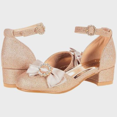 SHOE ROSE GOLD BLOCK HEEL OPEN SIDES BOW TRIM / BM90016M-15