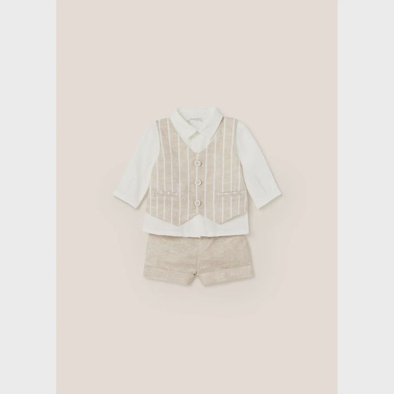 3PC VEST SHIRT & SHORT BEIGE & CREAM STRIPE / 1263-075