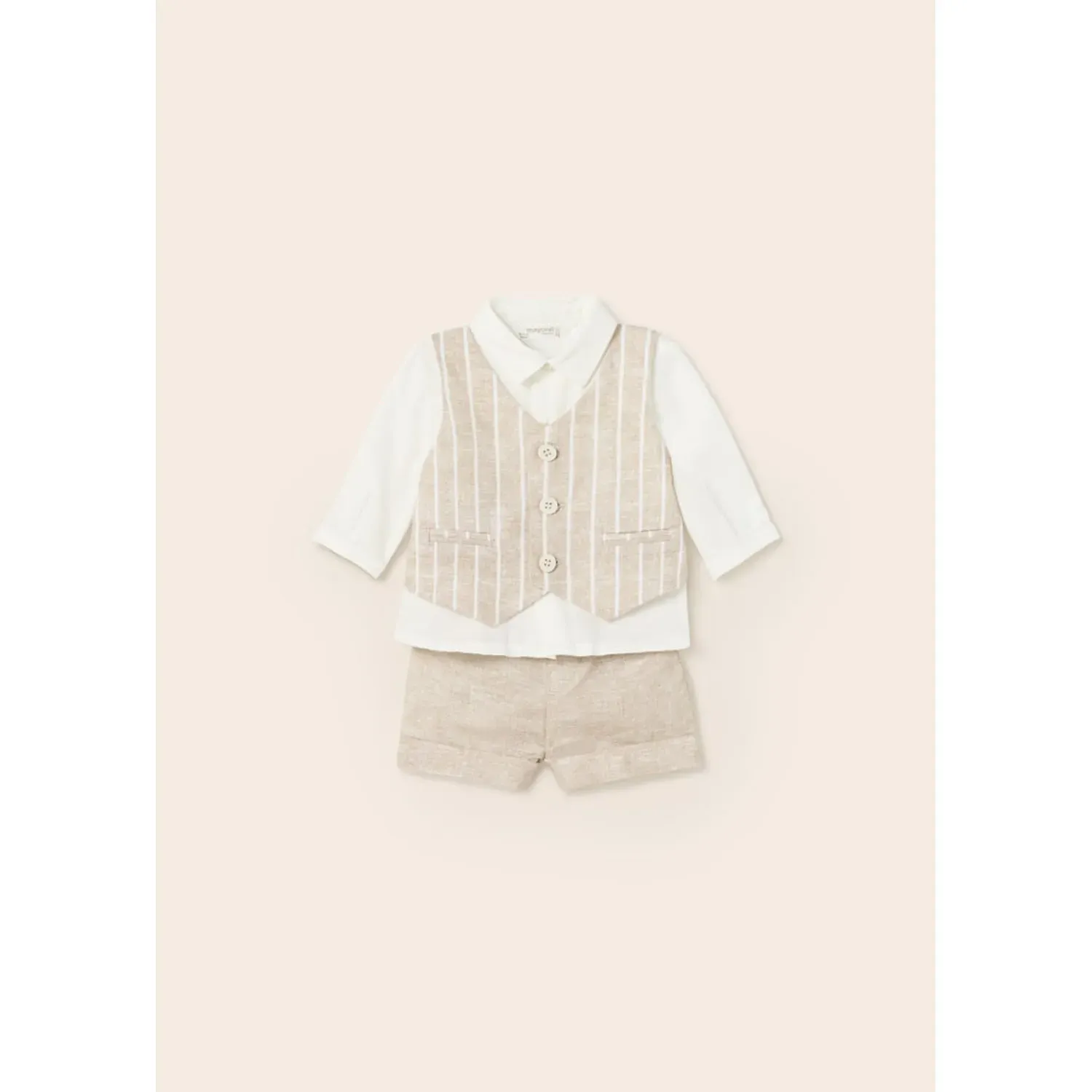 3PC VEST SHIRT & SHORT BEIGE & CREAM STRIPE / 1263-075