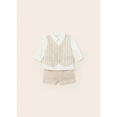 3PC VEST SHIRT & SHORT BEIGE & CREAM STRIPE / 1263-075