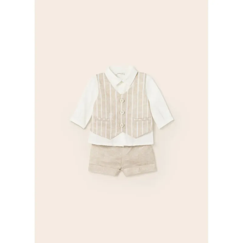3PC VEST SHIRT & SHORT BEIGE & CREAM STRIPE / 1263-075