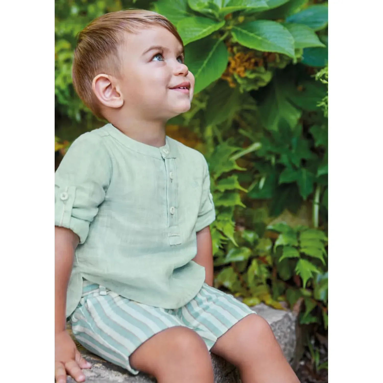 2 PC SHORT SET GREEN STRIPED SHORTS ROLLUP SLEEVE / 5229-062
