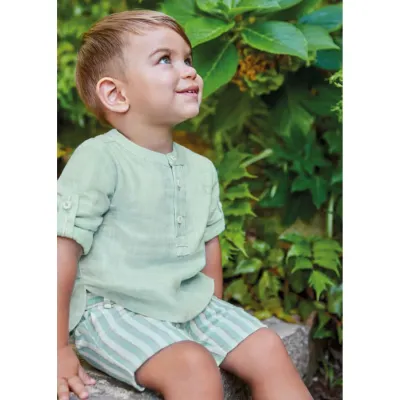 2 PC SHORT SET GREEN STRIPED SHORTS ROLLUP SLEEVE / 5229-062