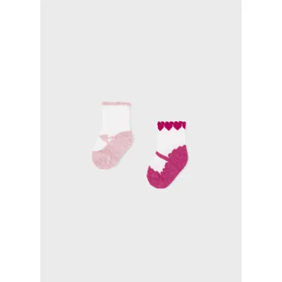 2PC SOCK SET WHITE WITH PINK OR FUSCHIA TRIM / 9596-069