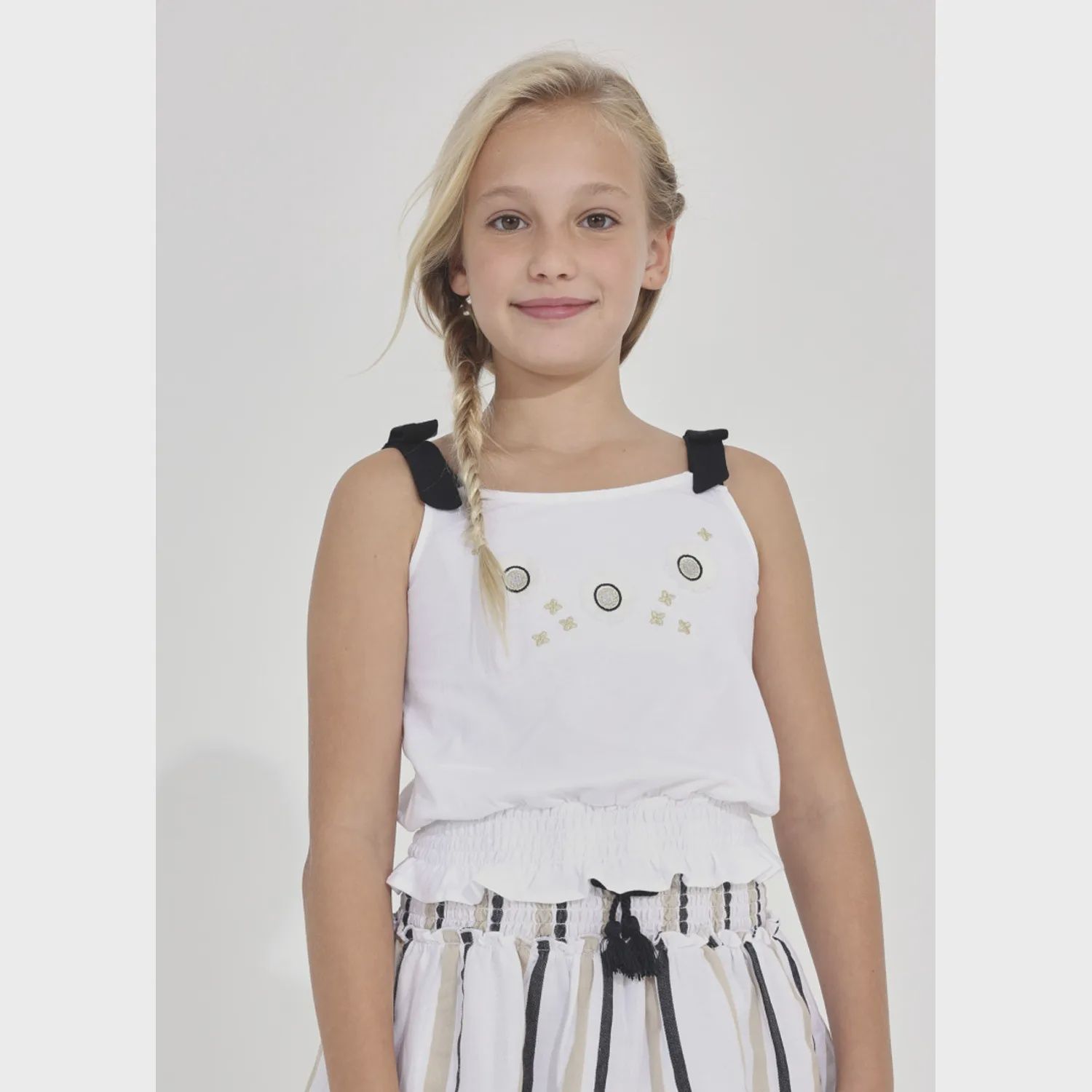 TANK TOP WHITE BLACK STRAPS SMOCKING HEM / 6059-037