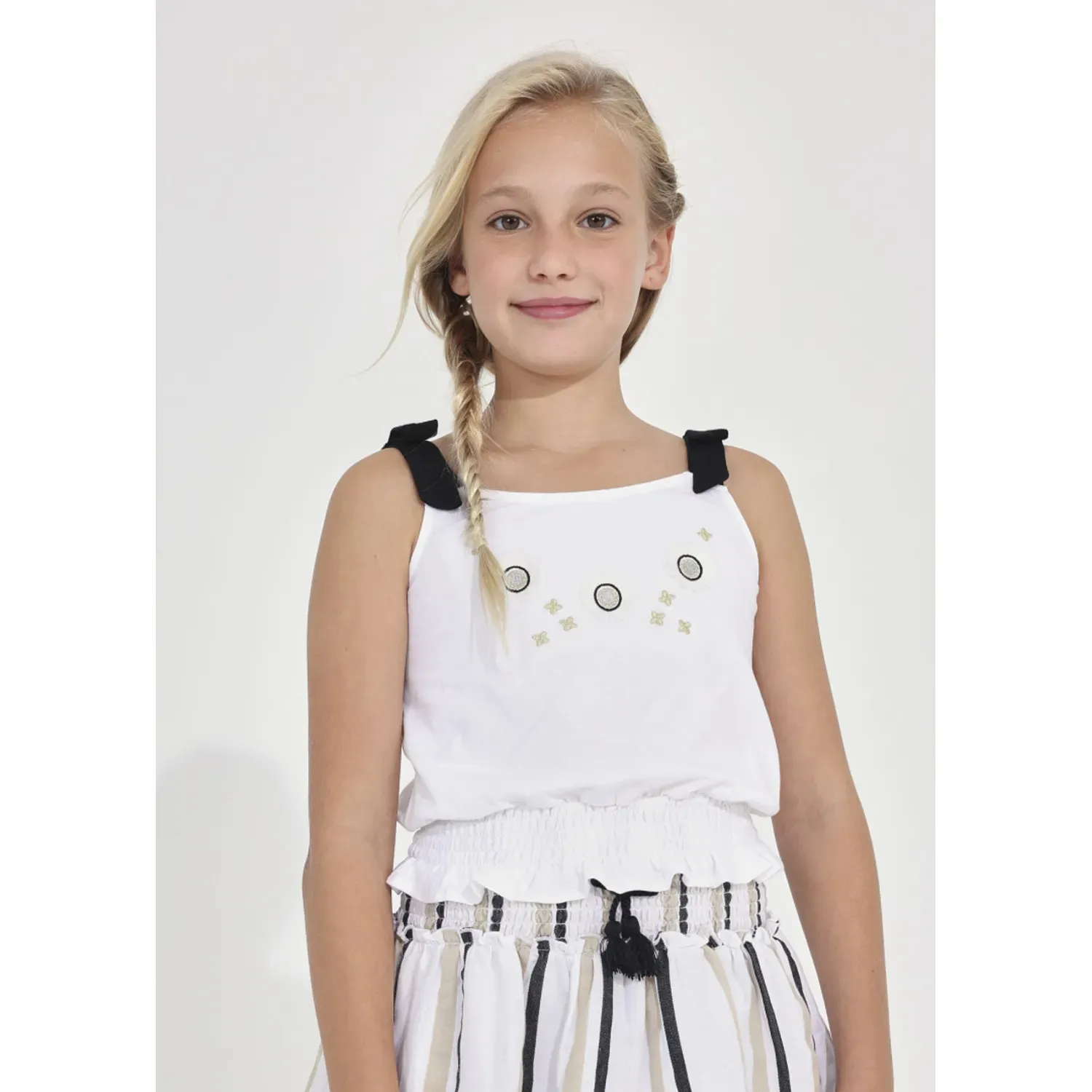 TANK TOP WHITE BLACK STRAPS SMOCKING HEM / 6059-037